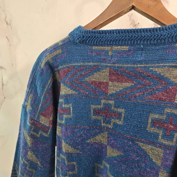 Vintage Sweater Mens Large Blue 90s Wool Pullover Crew Neck Southwestern Aztec - Picture 6 of 10